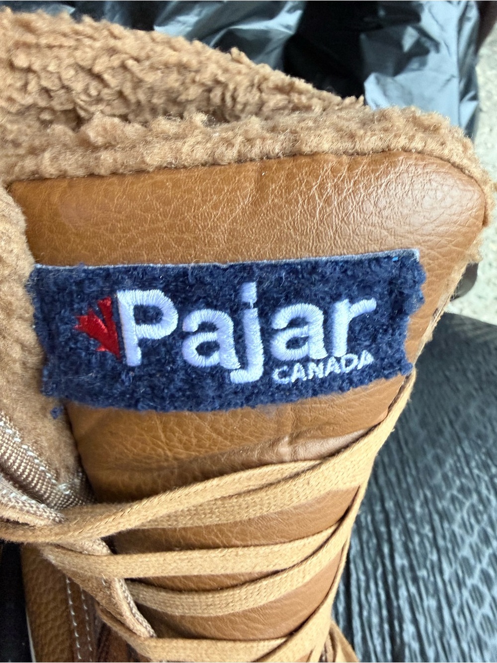 Pajar Men's Tan Leather Lace-Up Boots with Navy Brand Patch and Shearling Collar